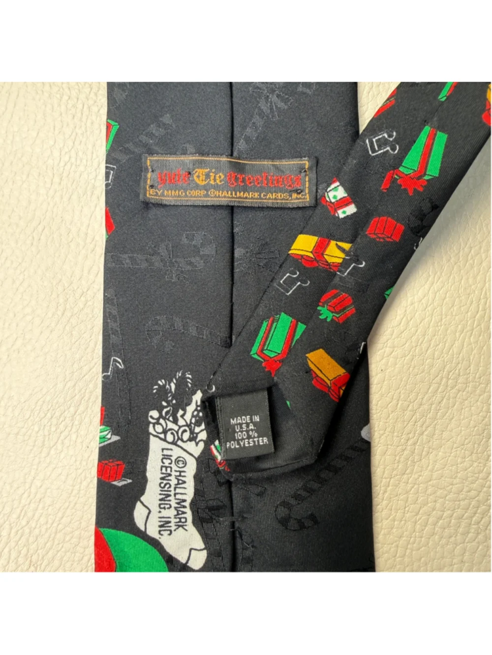Vintage Hallmark Yule Tie Greetings Santa Elf Christmas Tree Necktie Made USA